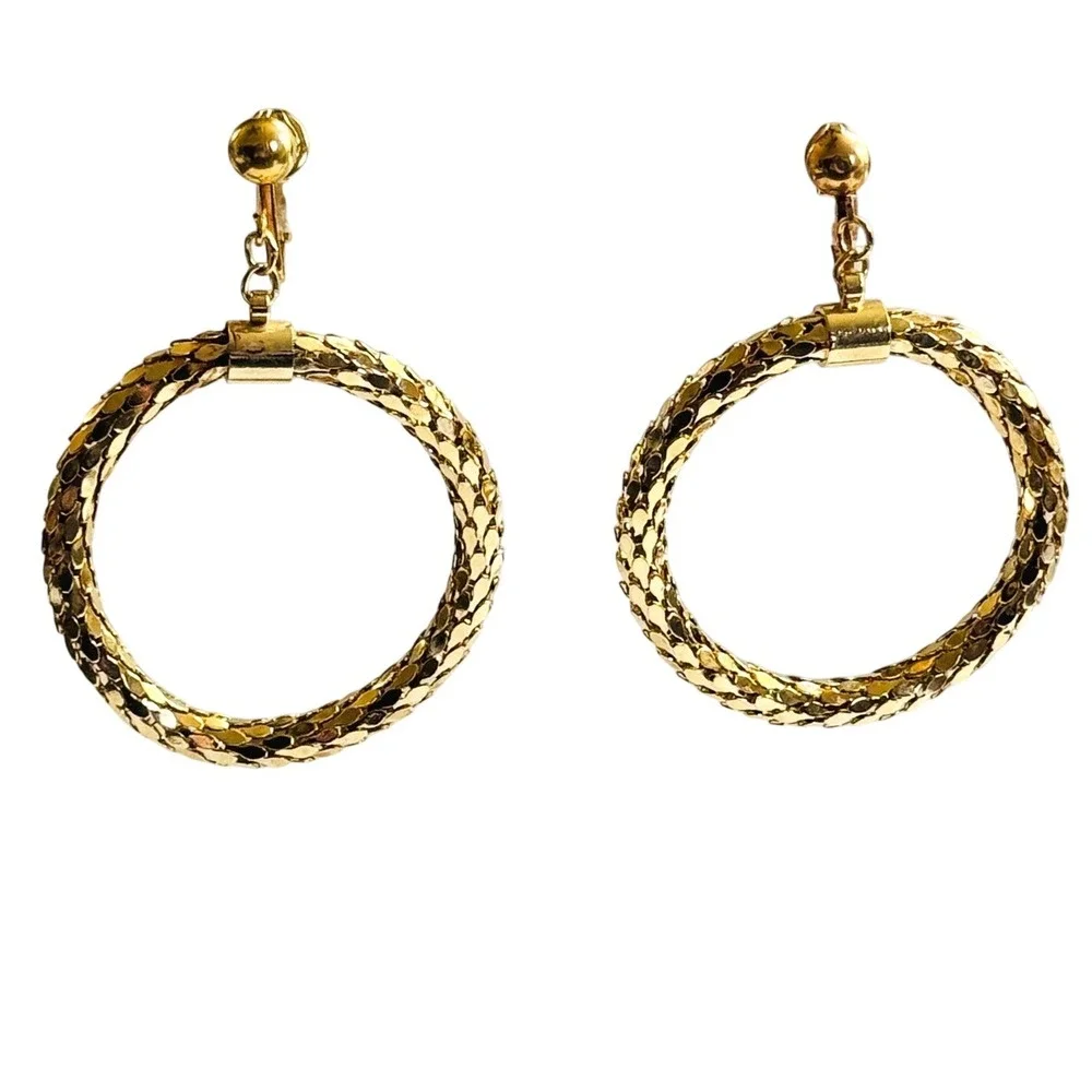 Mesh Earrings VTG Hoop Couture Rare Regal chunky Dangle High end‎ Gold tone clip